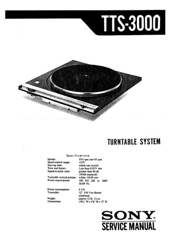 SONY TTS-3000 TURNTABLE SYSTEM SERVICE MANUAL INC PCB SCHEM DIAG AND PARTS LIST 16 PAGES ENG