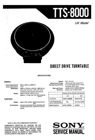 SONY TTS-8000 TURNTABLE SYSTEM SERVICE MANUAL INC PCB SCHEM DIAG AND PARTS LIST 16 PAGES ENG