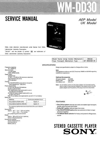 SONY WM-DD30 CASSETTE PLAYER SERVICE MANUAL INC PCBS SCHEM DIAG AND PARTS LIST 14 PAGES ENG