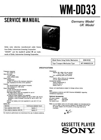 SONY WM-DD33 CASSETTE PLAYER SERVICE MANUAL INC PCBS SCHEM DIAG AND PARTS LIST 15 PAGES ENG