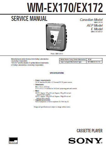 SONY WM-EX170 WM-EX172 CASSETTE PLAYER SERVICE MANUAL INC BLK DIAG PCBS SCHEM DIAGS AND PARTS LIST 19 PAGES ENG