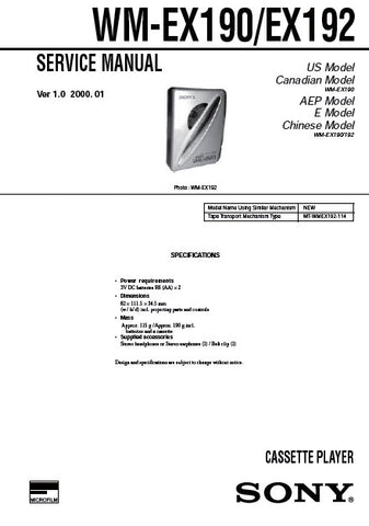 SONY WM-EX190 WM-EX192 CASSETTE PLAYER SERVICE MANUAL INC BLK DIAG PCBS SCHEM DIAG AND PARTS LIST 16 PAGES ENG