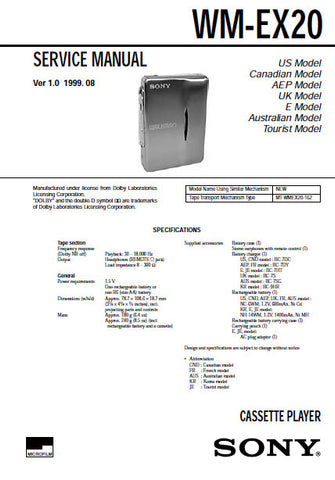 SONY WM-EX20 CASSETTE PLAYER SERVICE MANUAL VER 1.0 INC BLK DIAG PCBS SCHEM DIAGS AND PARTS LIST 20 PAGES ENG