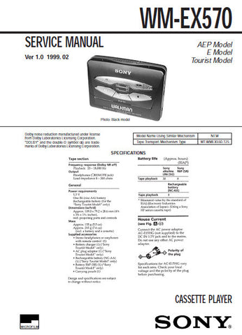 SONY WM-EX570 CASSETTE PLAYER SERVICE MANUAL INC BLK DIAG PCBS SCHEM DIAG AND PARTS LIST 22 PAGES ENG