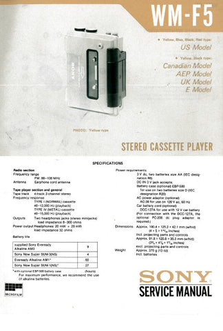 SONY WM-F5 STEREO CASSETTE PLAYER SERVICE MANUAL INC BLK DIAG PCBS SCHEM DIAGS AND PARTS LIST 34 PAGES ENG