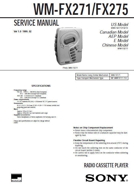 SONY WM-FX271 WM-FX275 RADIO CASSETTE PLAYER SERVICE MANUAL INC BLK DIAG PCBS SCHEM DIAG AND PARTS LIST 27 PAGES ENG