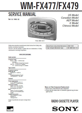 SONY WM-FX477 WM-FX479 RADIO CASSETTE PLAYER SERVICE MANUAL INC BLK DIAG PCBS SCHEM DIAGS AND PARTS LIST 26 PAGES ENG