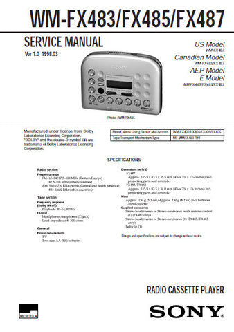 SONY WM-FX483 WM-FX485 WM-FX487 RADIO CASSETTE PLAYER SERVICE MANUAL INC BLK DIAG PCBS SCHEM DIAGS AND PARTS LIST 31 PAGES ENG