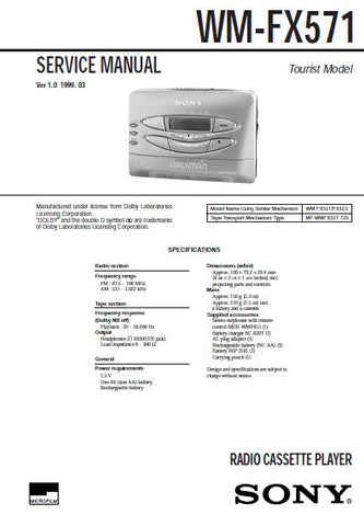 SONY WM-FX571 RADIO CASSETTE PLAYER SERVICE MANUAL INC BLK DIAG PCBS SCHEM DIAGS AND PARTS LIST 23 PAGES ENG