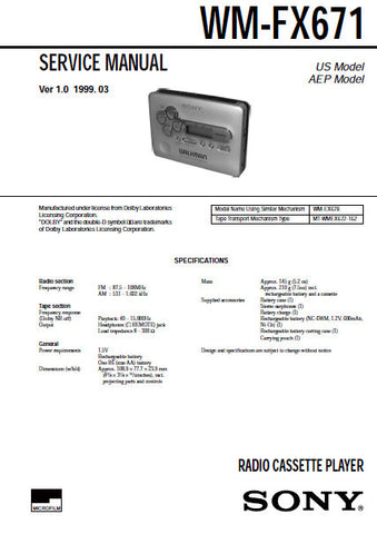 SONY WM-FX671 RADIO CASSETTE PLAYER SERVICE MANUAL INC BLK DIAG PCBS SCHEM DIAGS AND PARTS LIST 26 PAGES ENG
