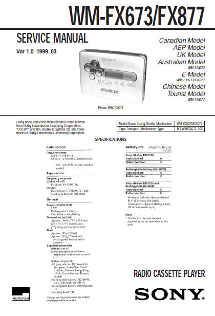 SONY WM-FX673 WM-FX877 RADIO CASSETTE PLAYER SERVICE MANUAL INC BLK DIAG PCBS SCHEM DIAG AND PARTS LIST 25 PAGES ENG