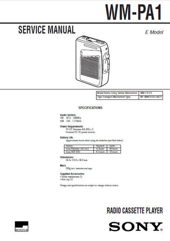 SONY WM-PA1 RADIO CASSETTE PLAYER SERVICE MANUAL INC SCHEM DIAG AND PARTS LIST 10 PAGES ENG