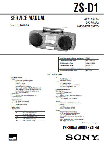 SONY ZS-D1 PERSONAL AUDIO SYSTEM SERVICE MANUAL INC BLK DIAGS PCBS SCHEM DIAGS AND PARTS LIST 62 PAGES ENG