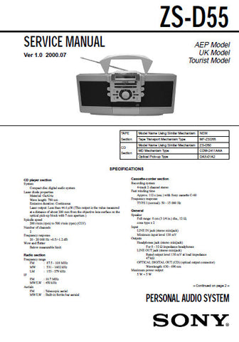 SONY ZS-D55 PERSONAL AUDIO SYSTEM SERVICE MANUAL INC BLK DIAGS PCBS SCHEM DIAGS AND PARTS LIST 56 PAGES ENG