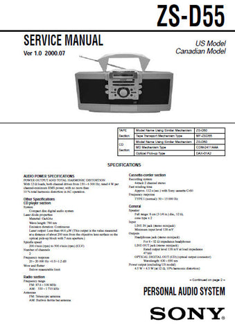 SONY ZS-D55 PERSONAL AUDIO SYSTEM SERVICE MANUAL US CANADA MODEL INC BLK DIAGS PCBS SCHEM DIAGS AND PARTS LIST 56 PAGES ENG