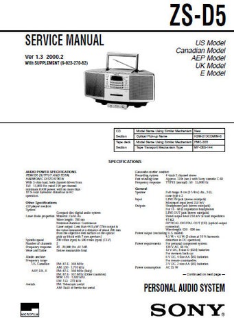 SONY ZS-D5 PERSONAL AUDIO SYSTEM SERVICE MANUAL INC BLK DIAGS PCBS SCHEM DIAGS AND PARTS LIST 57 PAGES ENG
