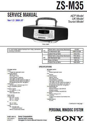 SONY ZS-M35 PERSONAL MINIDISC SYSTEM SERVICE MANUAL AEP UK TOURIST MODEL INC BLK DIAGS PCBS SCHEM DIAGS AND PARTS LIST 124 PAGES ENG