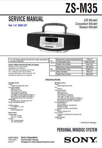 SONY ZS-M35 PERSONAL MINIDISC SYSTEM SERVICE MANUAL US CANADIAN TAIWAN MODEL INC BLK DIAGS PCBS SCHEM DIAGS AND PARTS LIST 120 PAGES ENG