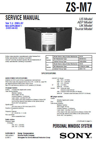 SONY ZS-M7 PERSONAL AUDIO SYSTEM SERVICE MANUAL INC BLK DIAGS PCBS SCHEM DIAGS AND PARTS LIST 93 PAGES ENG