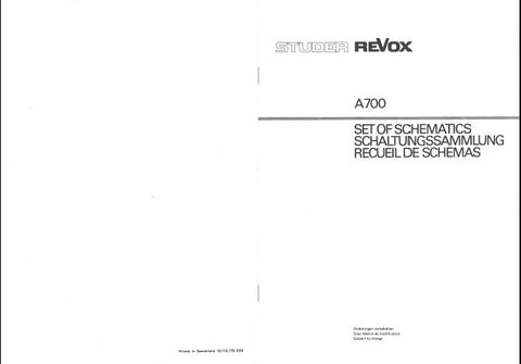 STUDER REVOX A700 TAPE RECORDER SET OF SCHEMATICS 16 DOUBLE PAGES ENG DEUT FRANC