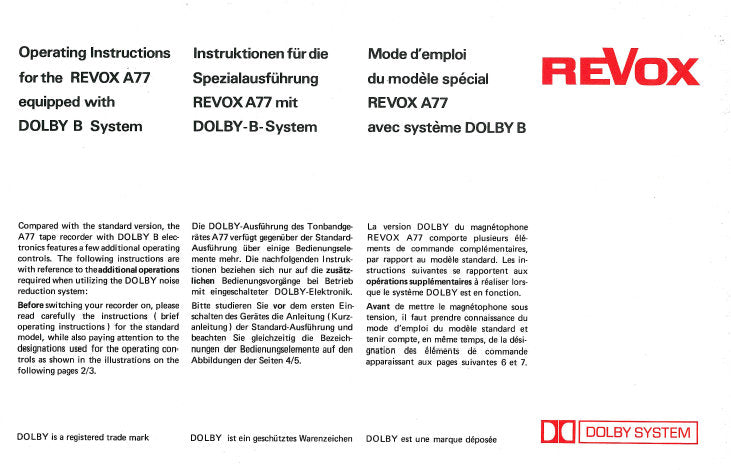 STUDER REVOX A77 STEREO REEL TO REEL TAPE RECORDER DOLBY B SYSTEM OPERATING INSTRUCTIONS 8 PAGES ENG DEUT FRANC