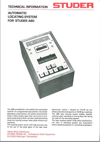 STUDER REVOX A80 AUTOMATIC LOCATING SYSTEM TECHNICAL INFORMATION 4 PAGES ENG DEUT