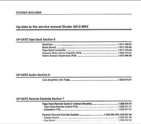 STUDER REVOX A812MkII PROFESSIONAL UNIVERSAL STUDIO TAPE RECORDER UPDATE TO SERVICE MANUAL BLK DIAGS SCHEMS PCBS AND PARTS LIST 32 PAGES ENG