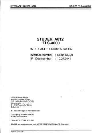 STUDER REVOX A812 TLS4000 MKI INTERFACE DOCUMENTATION AND SERVICE INSTRUCTIONS INC BLK DIAG SCHEM DIAG PCB AND PARTS LIST 10 PAGES ENG