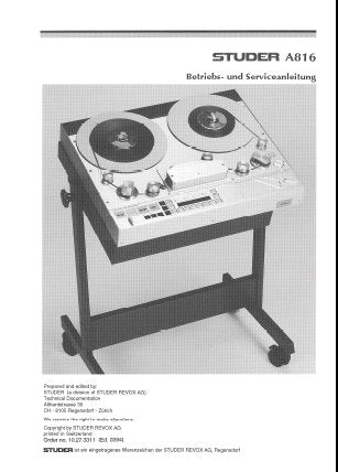 STUDER REVOX A816 TONBANDMASCHINE BETRIEBS UND SERVICEANLEITUNG MIT BLK DIAGS SCHEMAS PCBS UND PARTS LIST 539 SEITE DEUT