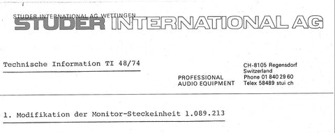 STUDER REVOX 089 MIXING CONSOLE MONITOR MODIFICATION INSTRUCTIONS 5 PAGES DEUTSCH