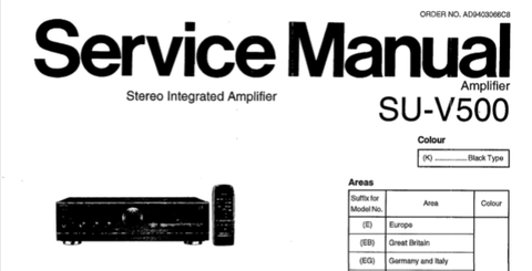 TECHNICS SU-V500 STEREO INTEGRATED AMPLIFIER SERVICE MANUAL INC BLK DIAG PCBS SCHEM DIAG AND PARTS LIST 27 PAGES ENG