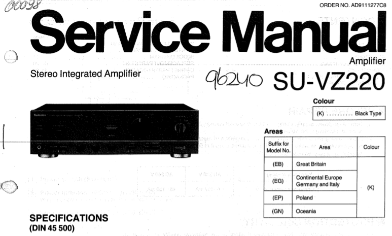 TECHNICS SU-VZ220 STEREO INTEGRATED AMPLIFIER SERVICE MANUAL INC BLK DIAG PCBS SCHEM DIAG AND PARTS LIST 14 PAGES ENG