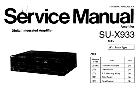 TECHNICS SU-X933 DIGITAL INTEGRATED AMPLIFER SERVICE MANUAL INC BLK DIAG PCBS SCHEM DIAG AND PARTS LIST 23 PAGES ENG