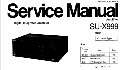 TECHNICS SU-X999 DIGITAL INTEGRATED AMPLIFIER SERVICE MANUAL INC BLK DIAG PCBS SCHEM DIAG AND PARTS LIST 37 PAGES ENG