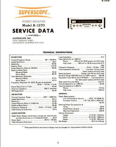 SUPERSCOPE R-1270 STEREO RECEIVER SERVICE DATA INC PCBS INTERCONNECTION DIAG SCHEM DIAG AND PARTS LIST 23 PAGES ENG