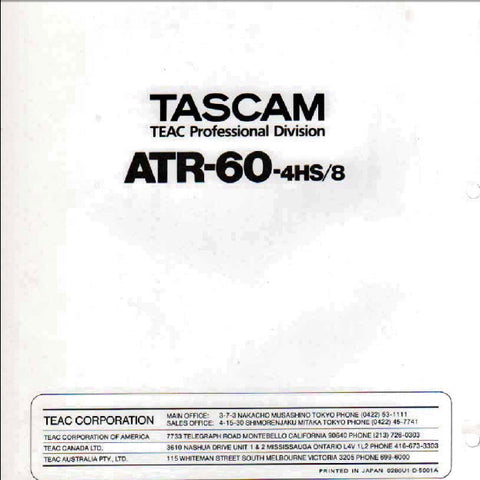 TASCAM ATR-60 REEL TO REEL TAPE RECORDER SERVICE MANUAL INC PCBS SCHEM DIAGS AND PARTS LIST 126 PAGES ENG