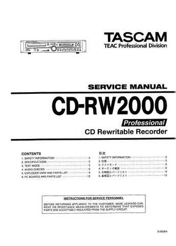 TASCAM CD-RW2000 CD REWRITABLE RECORDER SERVICE MANUAL INC PCBS SCHEM DIAGS AND PARTS LIST 53 PAGES ENG