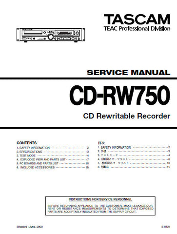 TASCAM CD-RW750 CD REWRITABLE RECORDER SERVICE MANUAL INC PCBS AND PARTS LIST 15 PAGES ENG