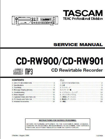 TASCAM CD-RW900 CD-RW901 CD REWRITABLE RECORDER SERVICE MANUAL INC BLK DIAG PCBS AND PARTS LIST 32 PAGES ENG