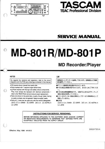 TASCAM MD-801R MD-801P MD RECORDER PLAYER SERVICE MANUAL MKI MKII INC PCBS AND PARTS LIST 44 PAGES ENG