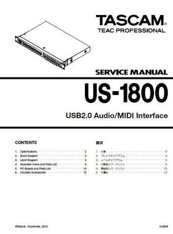 TASCAM US-1800 USB2.0 AUDIO MIDI INTERFACE SERVICE MANUAL INC BLK DIAG LEVEL DIAG PCBS AND PARTS LIST 20 PAGES ENG