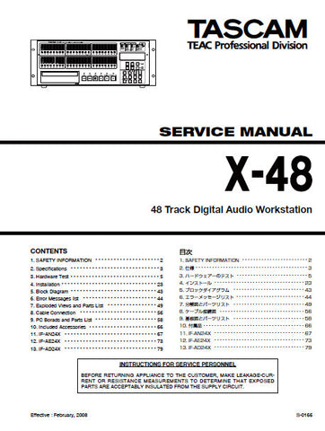 TASCAM X-48 48 TRACK DIGITAL AUDIO WORKSTATION SERVICE MANUAL INC BLK DIAG PCBS AND PARTS LIST 84 PAGES ENG