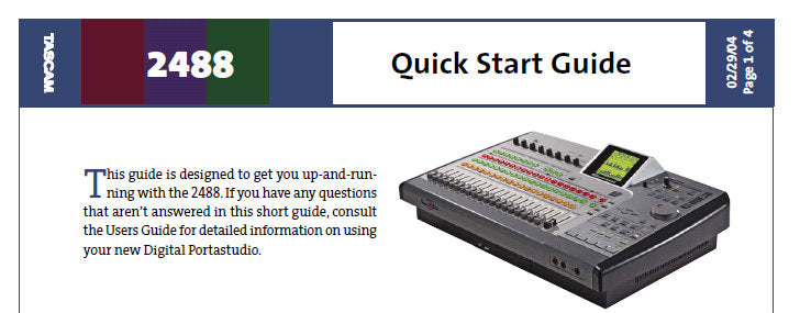 TASCAM 2488 DIGITAL PORTASTUDIO QUICK START GUIDE 4 PAGES ENG