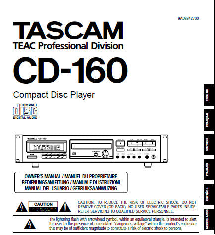 TASCAM CD-160 CD PLAYER OWNER'S MANUAL INC CONN DIAG AND TRSHOOT GUIDE 52 PAGES ENG FRANC DEUT ITAL ESP NL