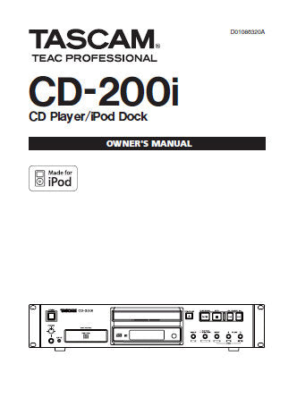 TASCAM CD-200i CD PLAYER iPOD DOCK OWNER'S MANUAL INC CONN DIAG AND TRSHOOT GUIDE 36 PAGES ENG