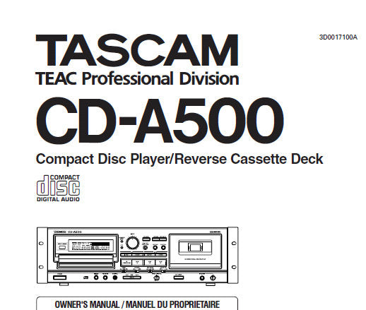 TASCAM CD-A500 CD PLAYER OWNER'S MANUAL INC CONN DIAG AND TRSHOOT GUIDE 17 PAGES ENG