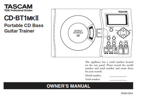 TASCAM CD-BT1MKII PORTABLE CD BASS TRAINER OWNER'S MANUAL INC CONN DIAGS 28 PAGES ENG