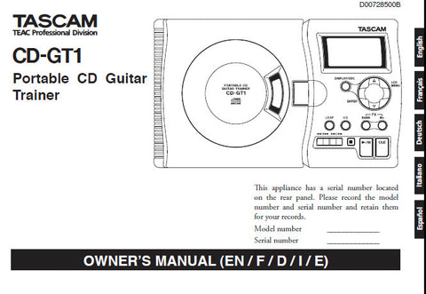 TASCAM CD-GT1 PORTABLE CD GUITAR TRAINER OWNER'S MANUAL 68 PAGES ENG FRANC DEUT ITAL ESP