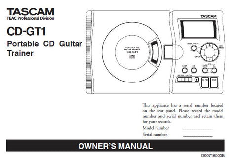 TASCAM CD-GT1 PORTABLE CD GUITAR TRAINER OWNER'S MANUAL 16 PAGES ENG