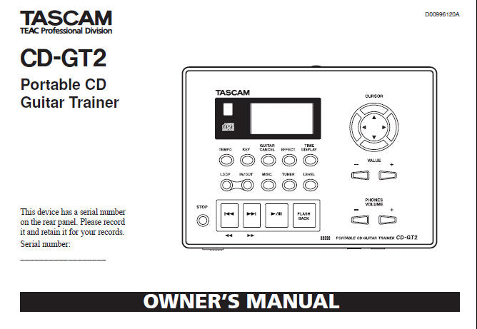 TASCAM CD-GT2 PORTABLE CD GUITAR TRAINER OWNER'S MANUAL INC CONN DIAGS 44 PAGES ENG